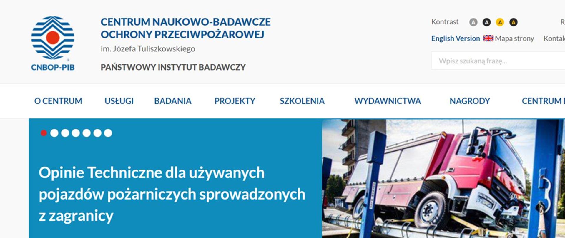 zdjęcie przedstawia migawkę ze strony internetowej Centrum Naukowo-Badawczego Ochrony Przeciwpożarowej, podstrona Opinie techniczne dla używanych pojazdów pożarniczych sprowadzanych z zagranicy