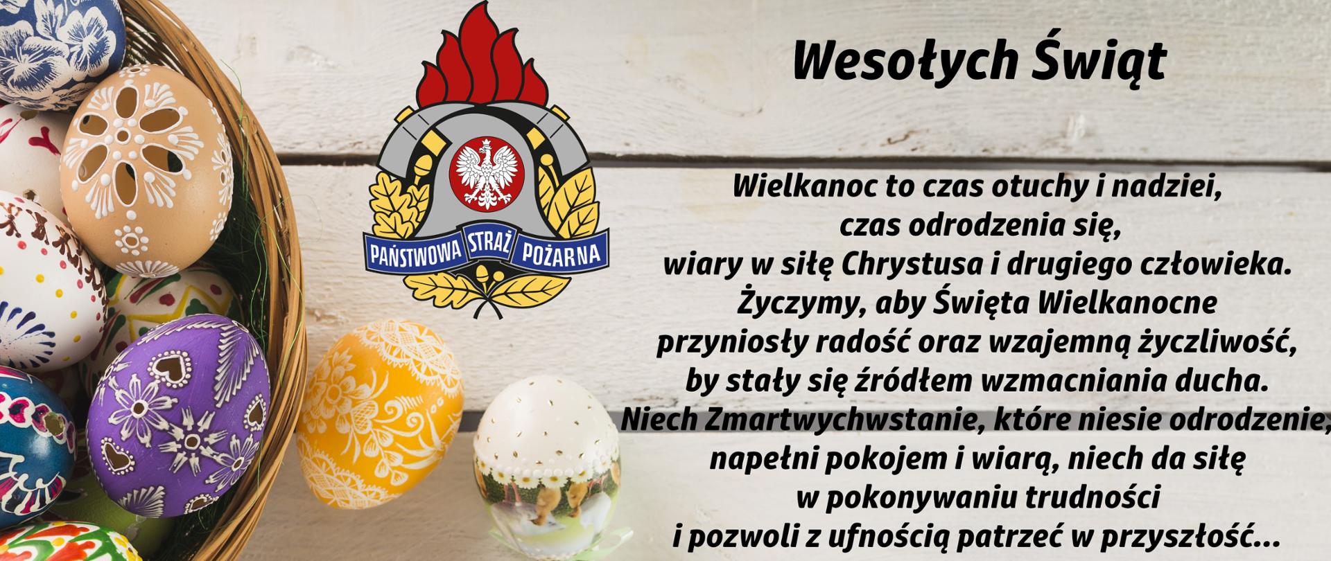 Na zdjęciu koszyczek z jajkami i życzenia