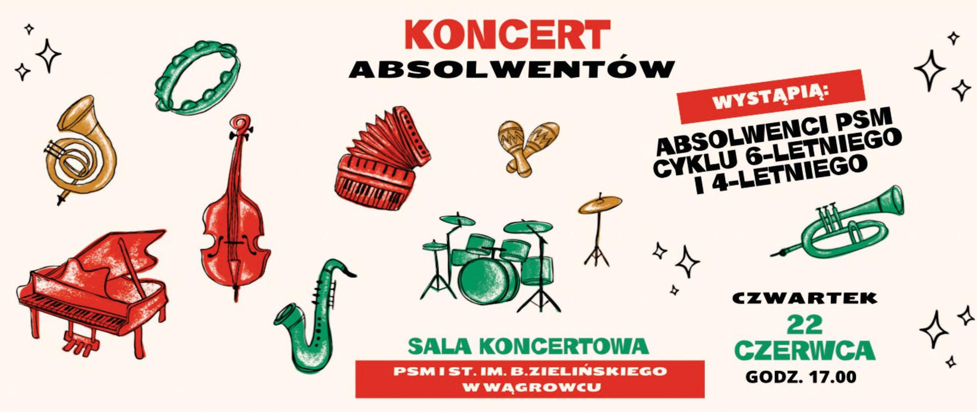 Plakat o jasnym tle w losowo ułożonymi rysunkami instrumentów koloru czerwonego, zielonego i żółtego. Po środku informacja o dacie i miejscu wydarzenia.