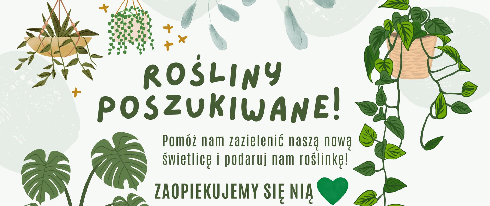 Zielony plakat ozdobiony licznymi kwiatami doniczkowymi oraz zielonymi liśćmi. W środku strony tekst" Rośliny poszukiwane! Pomóż na zazielenić nasza nową świetlicę i podaruj nam roślinkę. Zaopiekujemy się nią!"