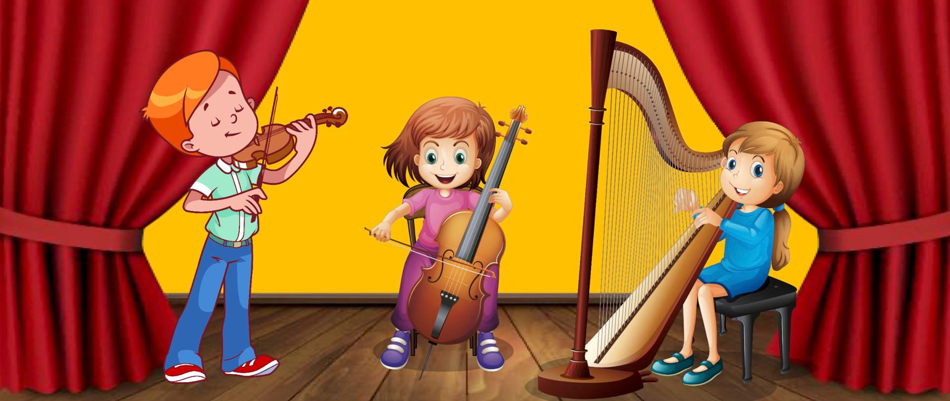 Grafika przedstawia plakat koncertu, w centralnej części duże ikony dzieci grających na skrzypcach, wiolonczeli i harfie. Tekst debiuty młodych smyczkowców i harfistów na żółtym tle.