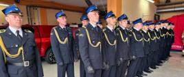 Zdjęcie przedstawia funkcjonariuszy Komendy Powiatowej PSP w Wieruszowie stojących w pomieszczeniu garażowym, gdzie odbywała się uroczystość Dnia Strażaka ustawionych w dwuszeregu, w umundurowaniu wyjściowym.