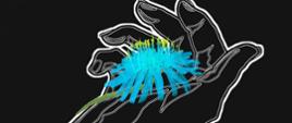 Biały kontur dłoni, na której leży niebieska roślina, a jej zielona łodyga wraz z liśćmi owinięta jest wokół przedramienia.