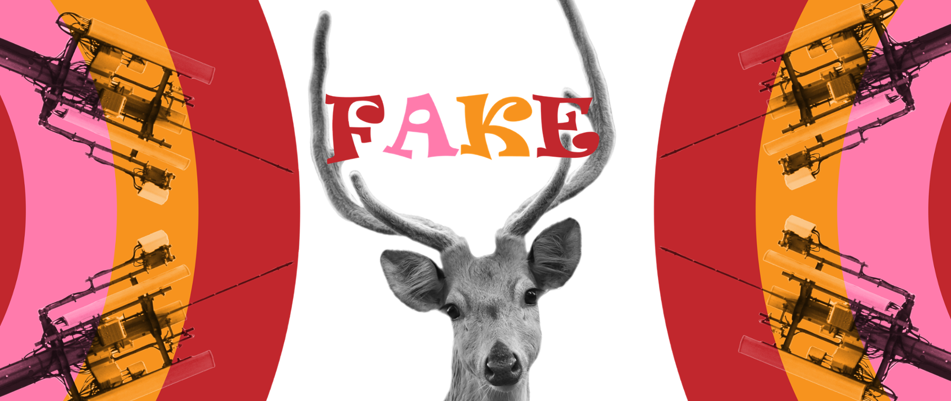 Grafika przedstawia zdjęcia masztów telekomunikacyjnych i jelenia oraz napis: Fake