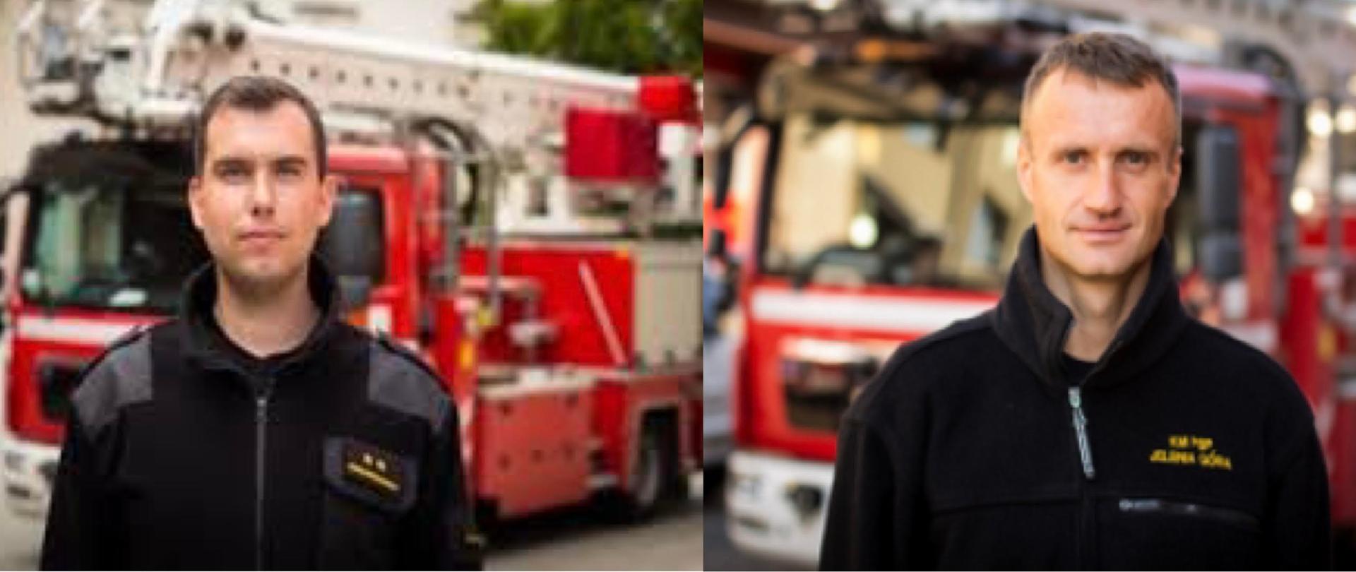 Na zdjęciu widać dwóch strażaków w umundurowaniu koszarowym znajdujących się przed samochodem strażackim - podnośnikiem koszowym Zdjęcie wykonane w dzień na placu jednostki. 