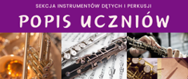 Fioletowy plakat zapowiadający popis uczniów sekcji instrumentów dętych i perkusji PSM w Zabrzu. Tło przedstawia lekko rozmyte zbliżenie na instrumenty dęte i perkusyjne. 