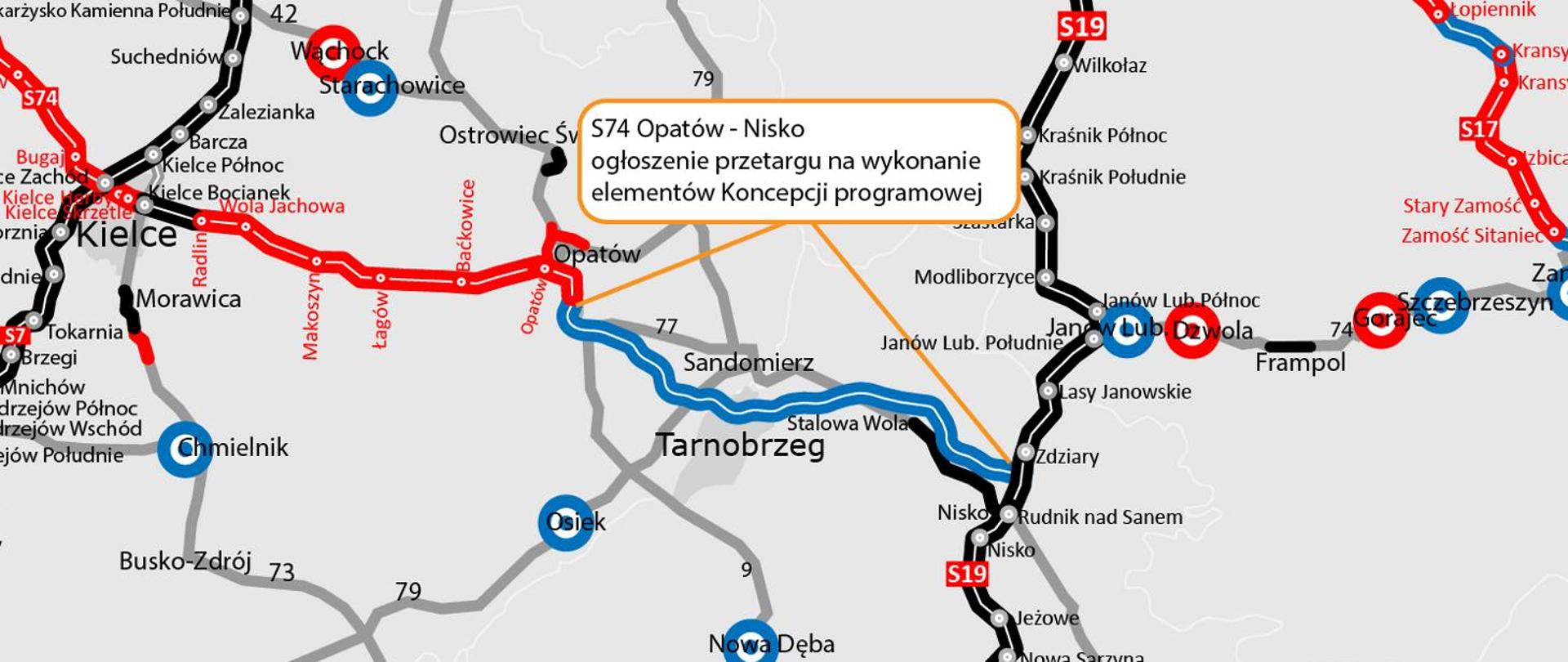S74 Opatów - Nisko - mapka z zaznaczonym odcinkiem 