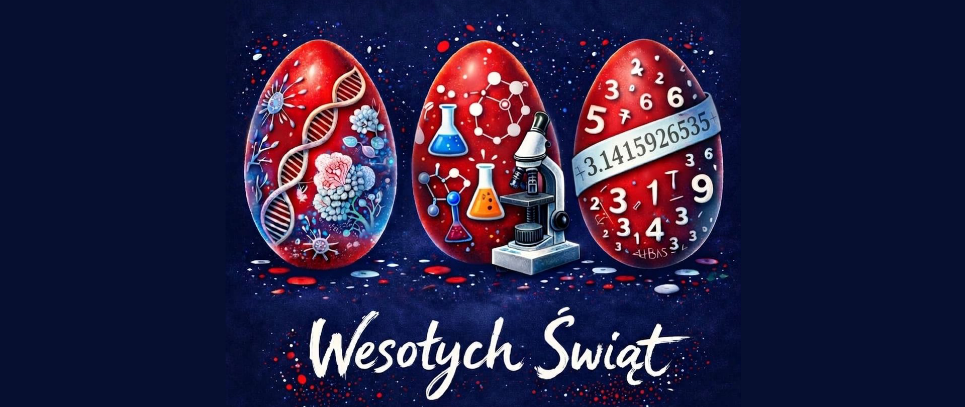 Grafika - na granatowym tle trzy czerwono-niebieskie pisanki, mikroskop i napis Wesołych Świąt.