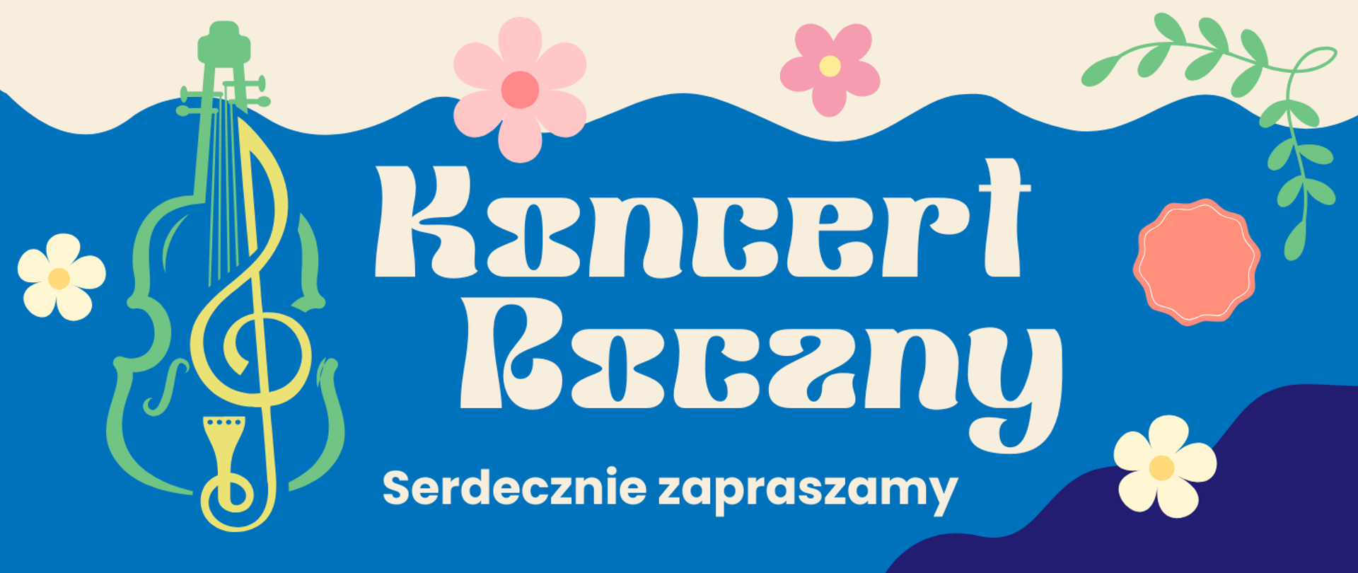 baner wydarzenia „Koncert Rzeczny” z napisem „Serdecznie zapraszamy”, ozdobiony motywami kwiatów, fal i stylizowanego instrumentu smyczkowego z kluczem wiolinowym.