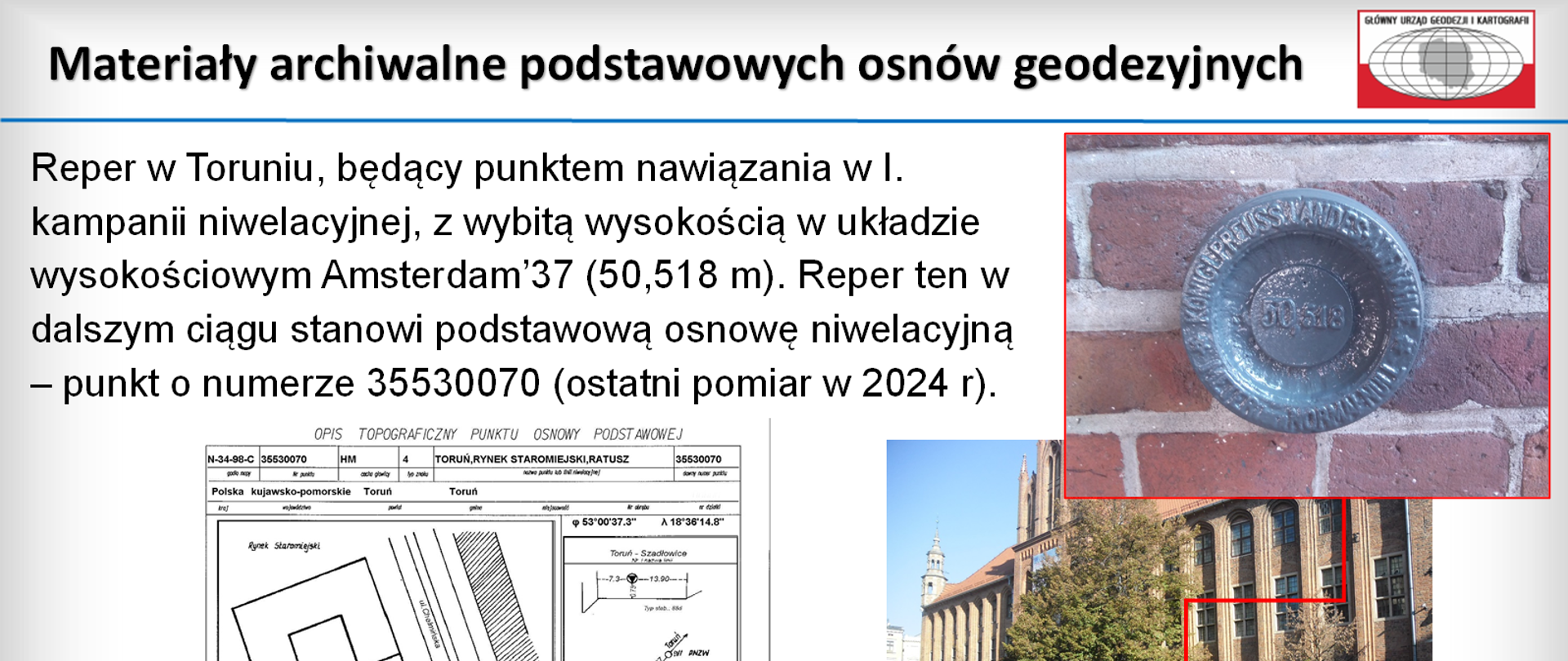 Slajd prezentujący zabytkowy reper na ratuszu w Toruniu
