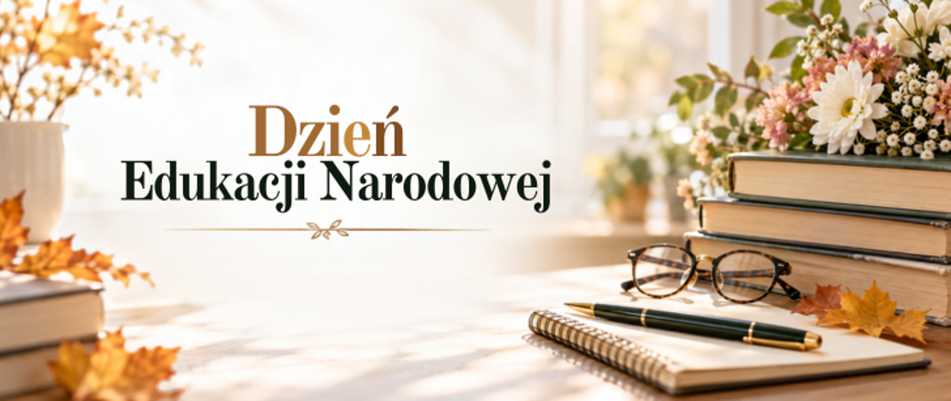 Grafika z napisem „Dzień Edukacji Narodowej” na jasnym, jesiennym tle. Po prawej stronie znajduje się stos książek ozdobiony bukietem kwiatów, a na pierwszym planie notes, pióro i okulary. Kompozycję uzupełniają złociste jesienne liście i delikatne światło słoneczne.