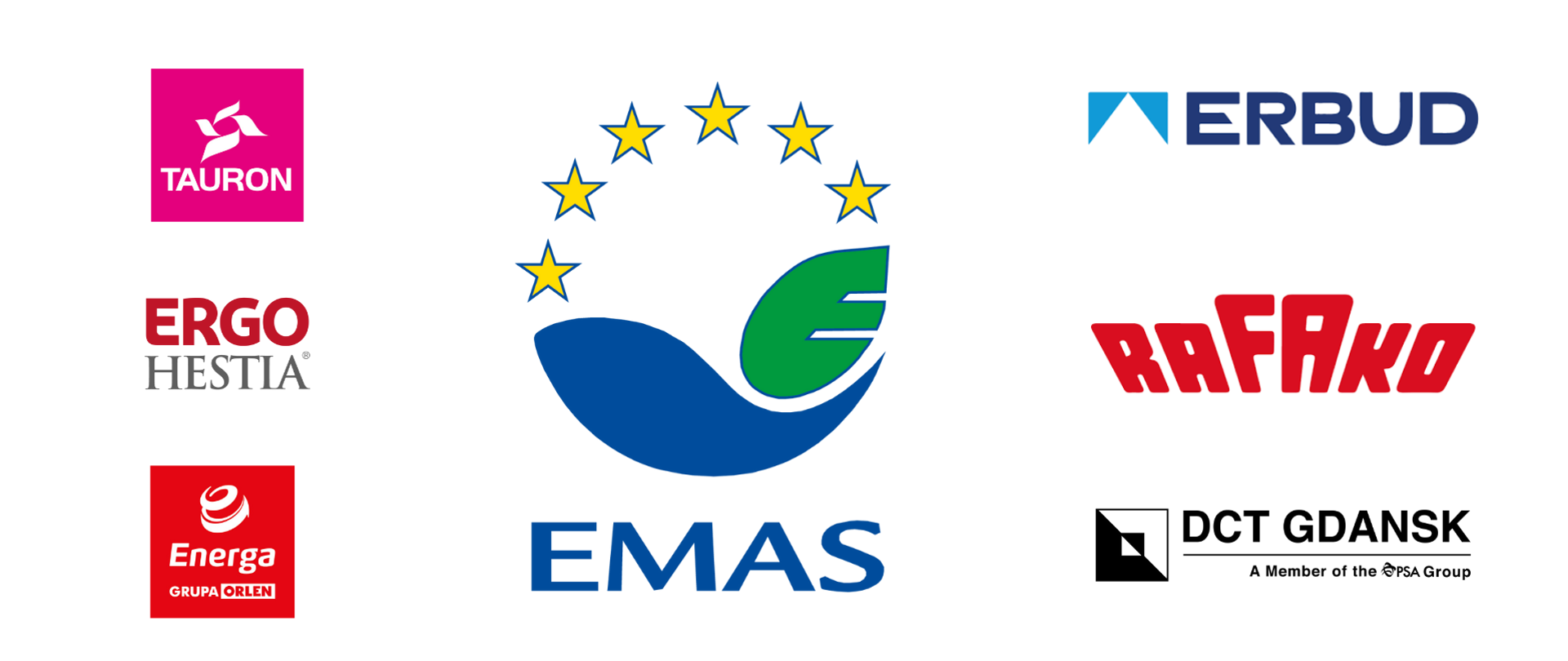 Na białym tle 7 logotypów różnych firm. Na środku logo EMAS. Po lewej stronie trzy logotypy z podpisami: Tauron,, Grupa ERGO HESTIA , Energa i po prawej stronie trzy logotypy z podpisami: Rafako, DCT Gdańsk, ERBUD.