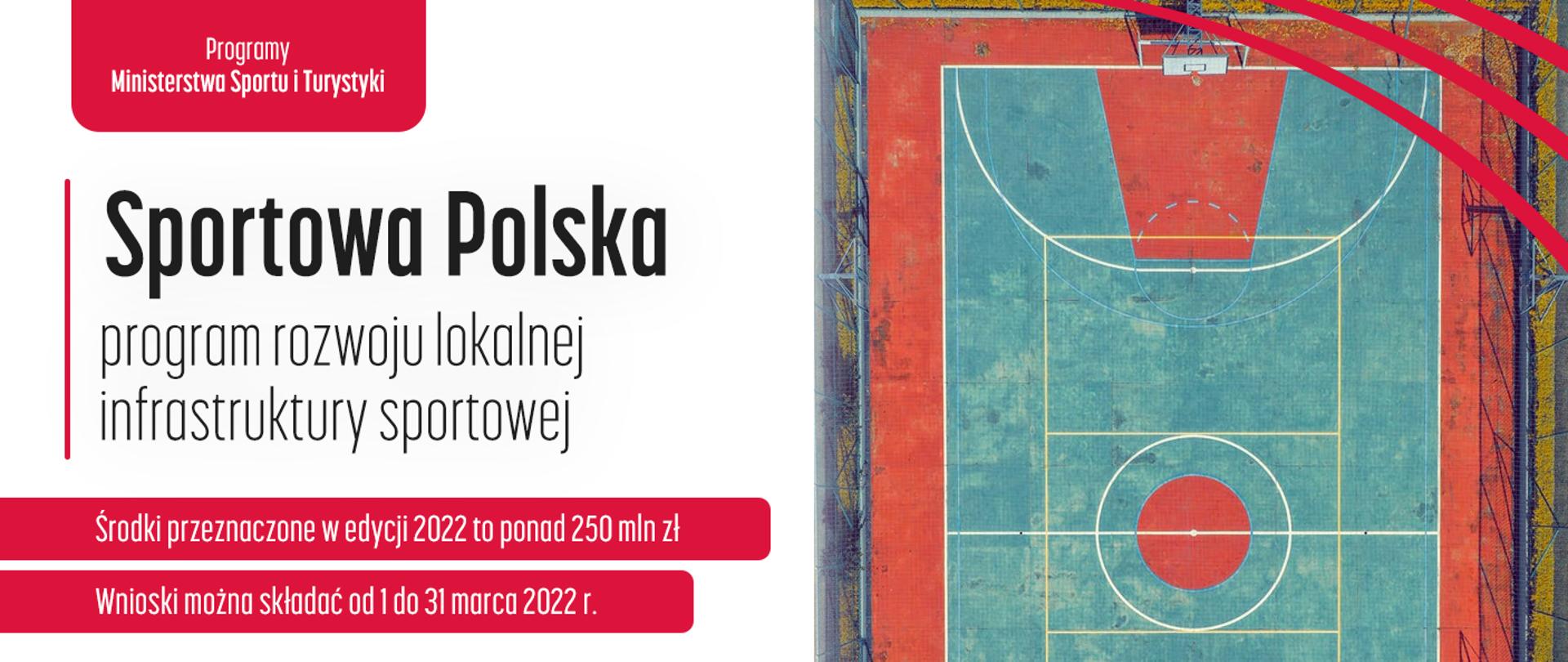 Grafika z napisem: Sportowa Polska - Program rozwoju lokalnej infrastruktury sportowej. Środki przeznaczone w edycji 2022 to ponad 250 mln zł. Wnioski można składać od 1 do 31 marca 2022 r.