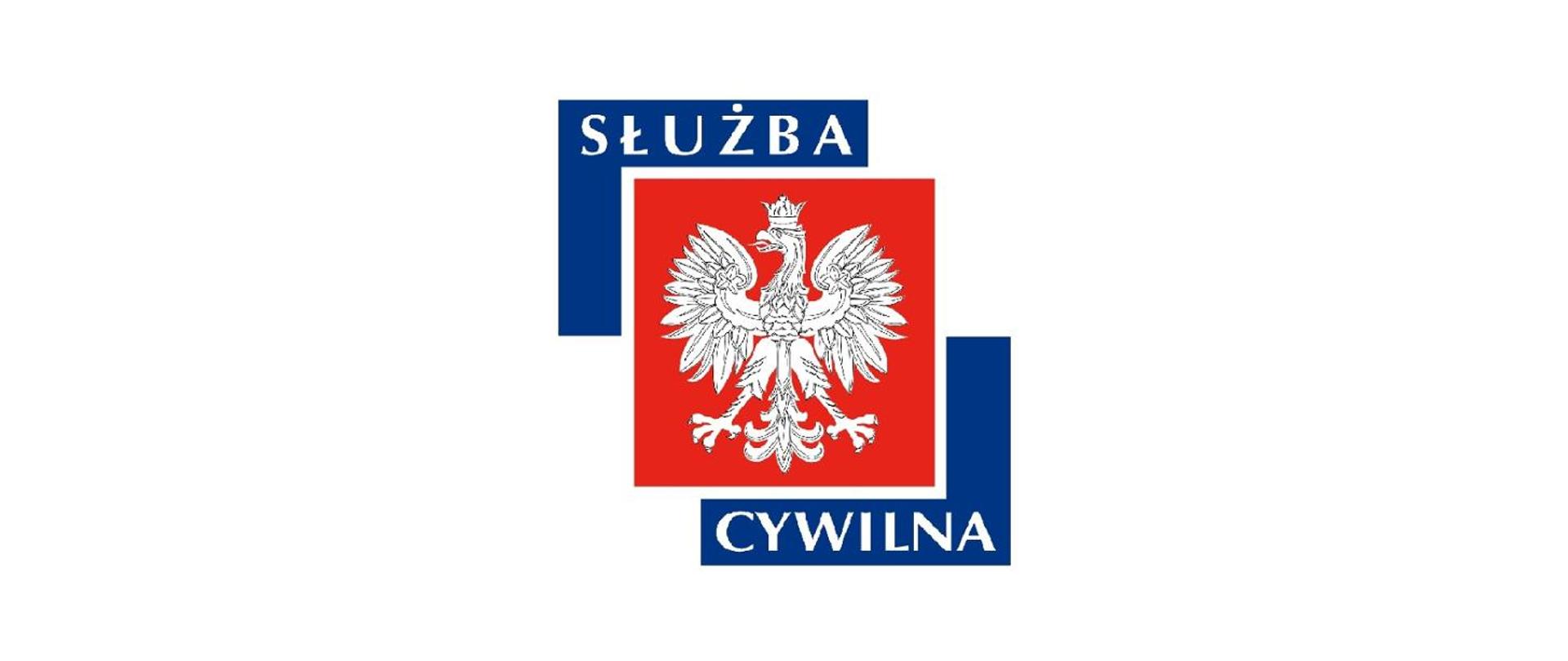 Logo służby cywilnej biały orzeł w czerwonym kwadracie, na narożnikach czerwonego kwadratu niebieskie z napisem służba cywilna