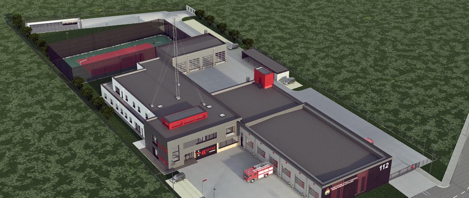 Wizualizacja z lotu ptaka nowoczesnego kompleksu budynków Państwowej Straży Pożarnej z dużym garażem, wozem strażackim na podjeździe oraz boiskiem sportowym.