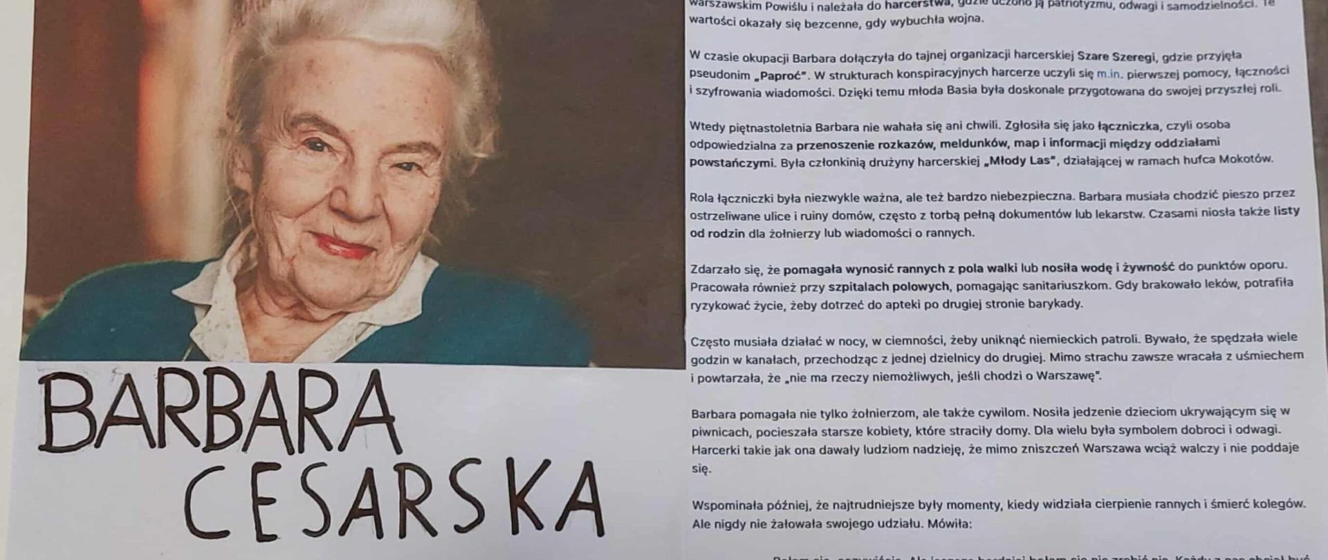 Plakat uczniowski o Barbarze Cesarskiej z opisem i dużym portretem bohaterki.
