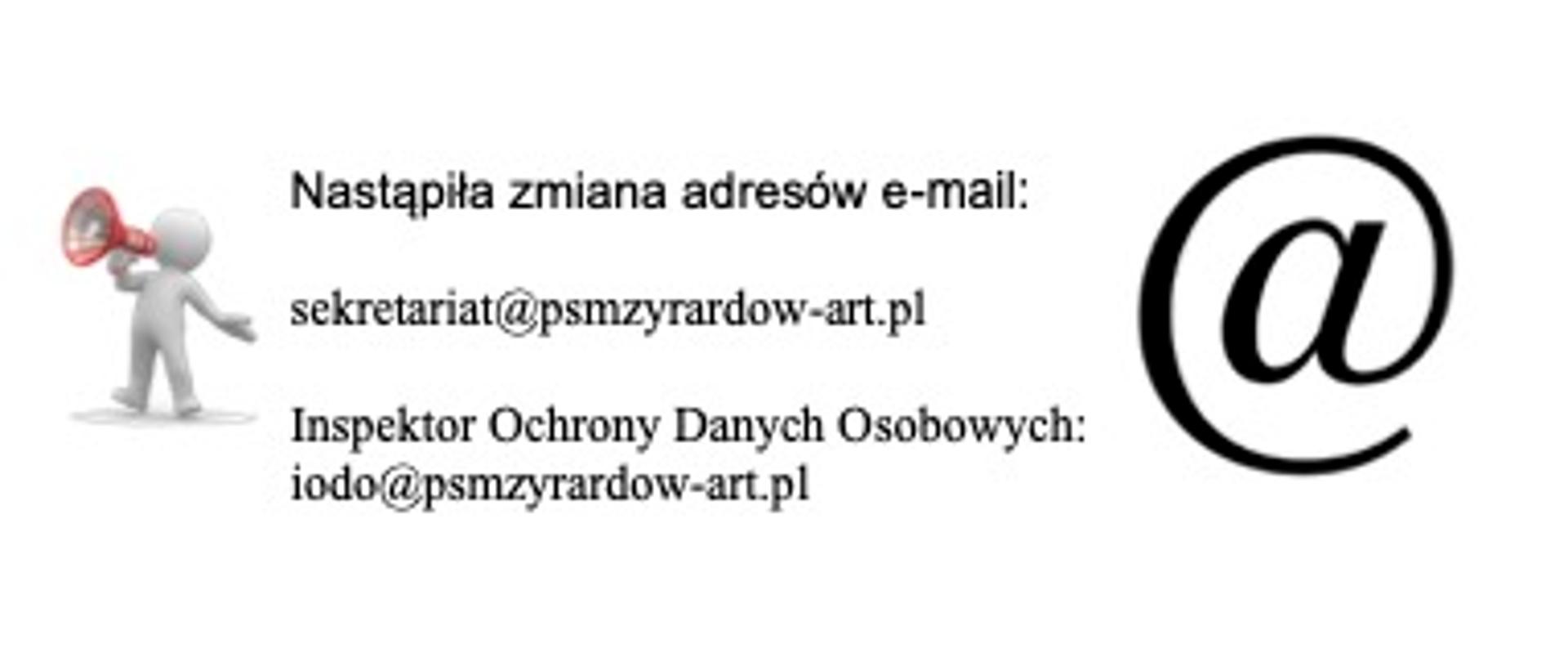 Tekst czarny, po lewej grafika ludzika z megafonem, po prawej znak duży "@"
Informacja o zmianie adresów 