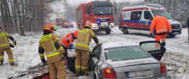 Zdjęcie przedstawia strażaków i ratowników medycznych, którzy przygotowują się do ewakuacji osoby poszkodowanej z pojazdu. Na drugim planie zastępy straży pożarnej i ambulans zespołu ratownictwa medycznego.