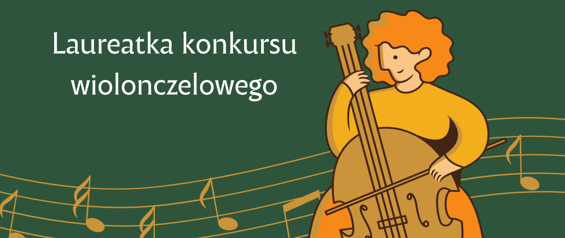 Zdjęcie przedstawia pomarańczową grafikę wiolonczelistki i nut na zielonym tle