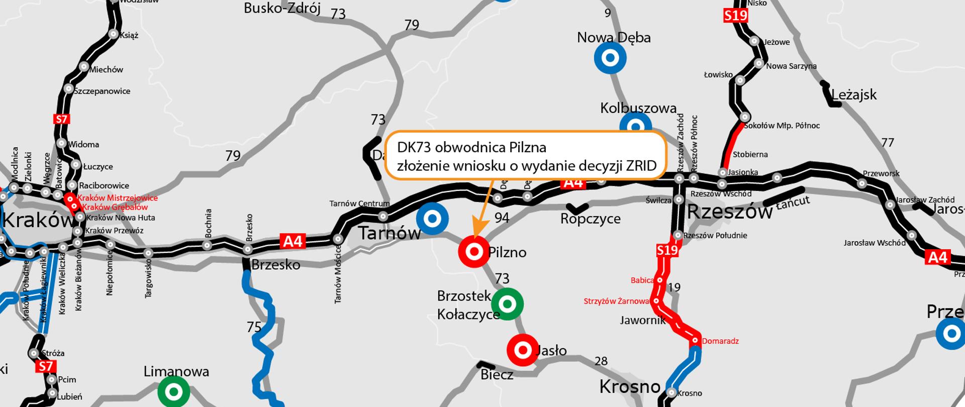 Mapa z zaznaczoną obwodnicą Pilzna