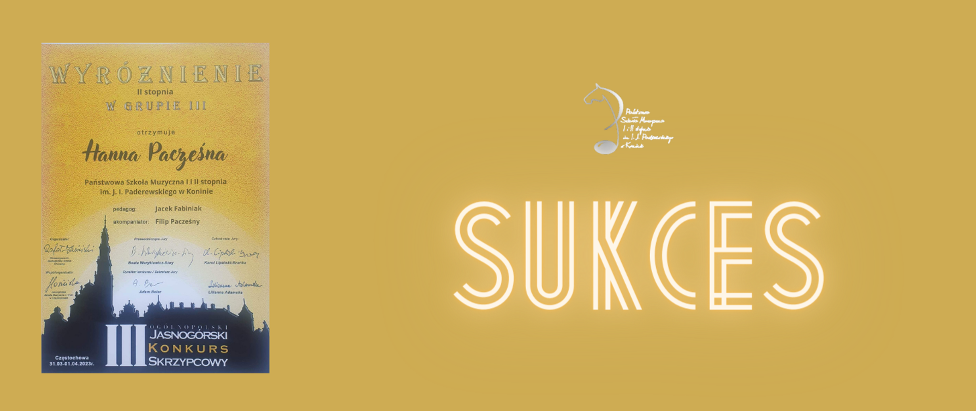 Grafika z dyplomem Laureatki, napis III Jasnogórski Konkurs Skrzypcowy, Częstochowa 31.03-01.04.2023