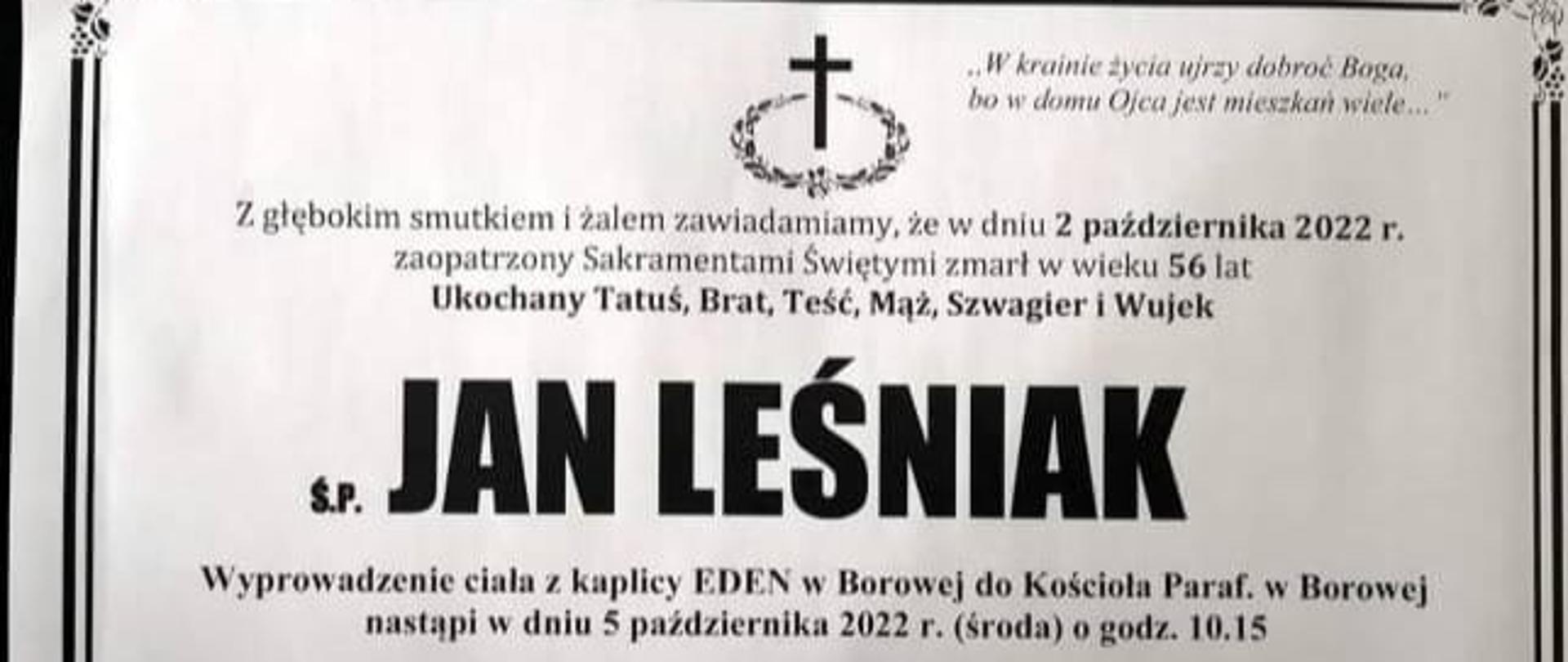 Nekrolog Jan Leśniak. Informacja o pogrzebie byłego funkcjonariusza komendy powiatowej PSP w Mielcu.