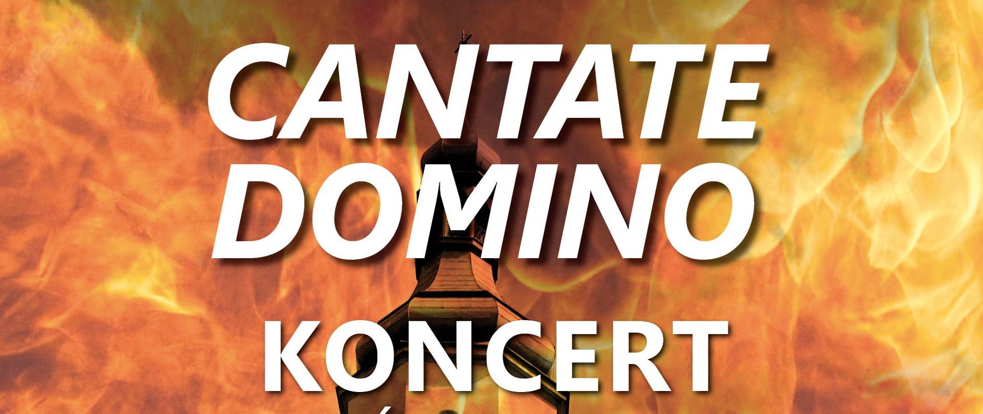Białe i złote napisy zwiastujące koncert w wigilię Święta Ogniowego. W tle zarys kościoła w płomieniach sięgających nieba. W stopce loga organizatorów.