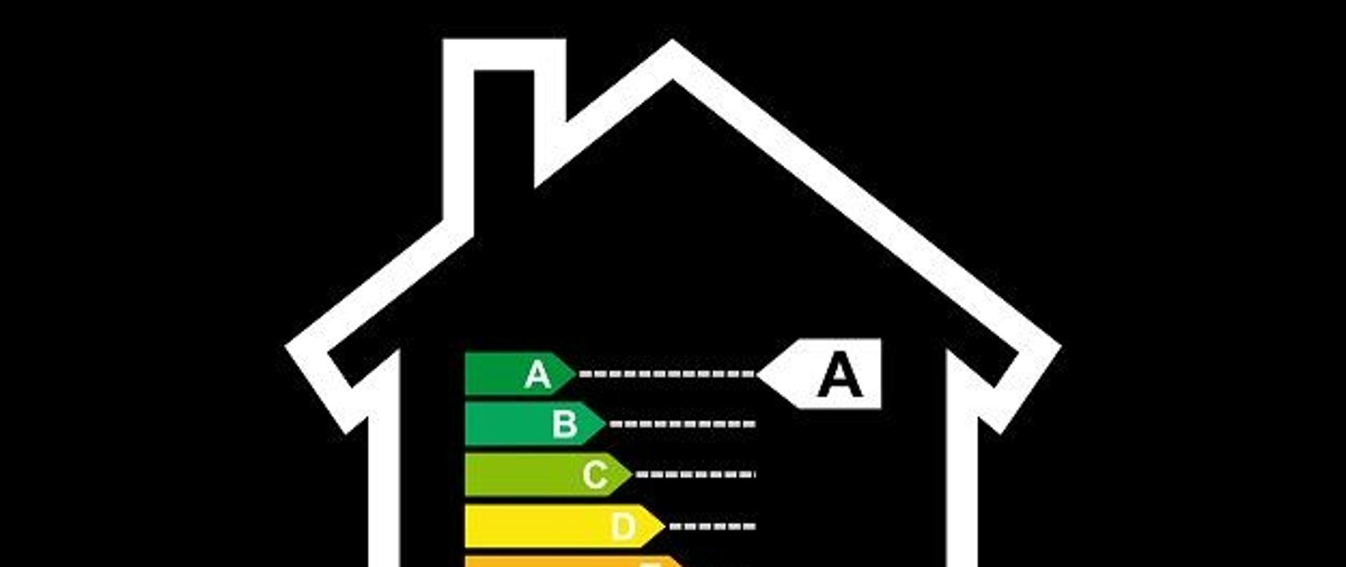 Zdjęcie przedstawia biały kontur-zarys domku, na czarnym tle