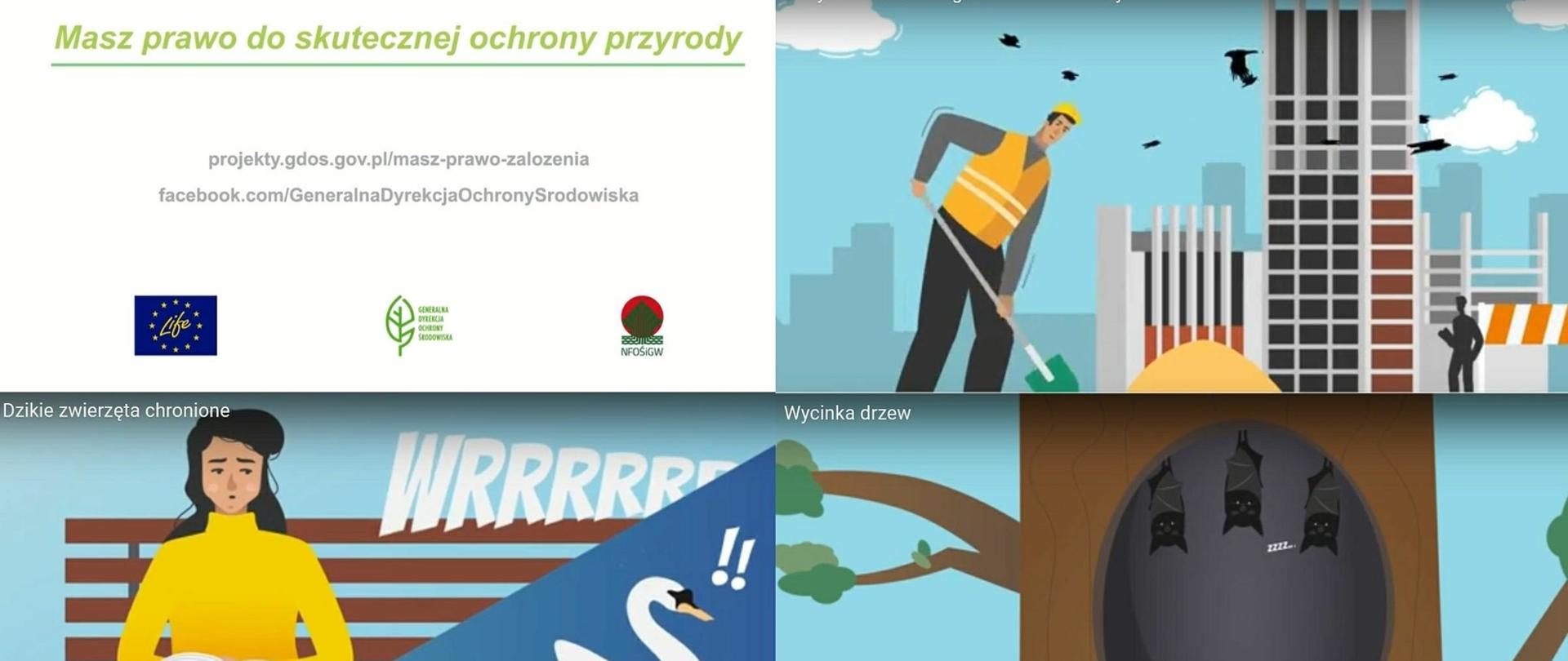 3 rysunki. 1 rysunek przedstawia panią w żółtym swetrze siedzącą na ławce z książką w ręku. 2 rysunek przedstawia pana w żółtej kamizelce i kasku ochronnych pracującego przy budowie budynku. 3 rysunek przedstawia dziuplę w drzewie, w której wiszą trzy nietoperze.