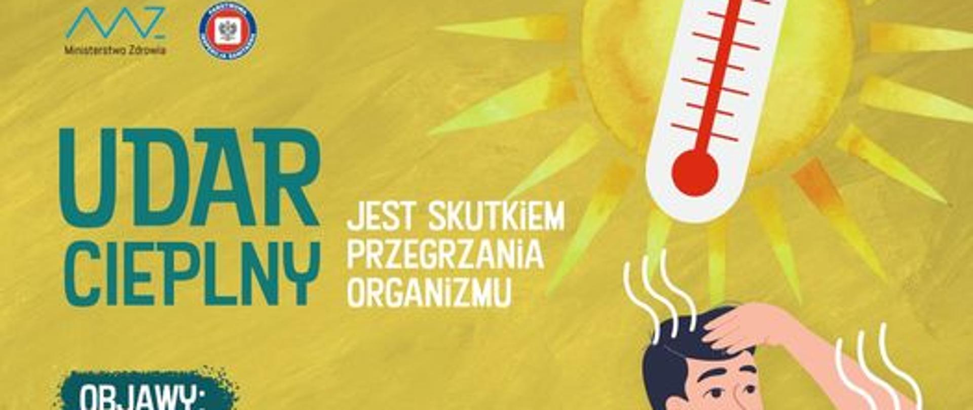 W lewym górnym rogu logo Ministerstwa Zdrowia Inspekcji sanitarnej, poniżej napis udar cieplny i że jest on skutkiem przegrzania, poniżej wymienione objawy udaru i co robić jak one wystąpią, po prawej u góry słońce a na nim termometr, poniżej mężczyzna ubrany w biały tiszert i zielone spodnie trzymający się za głowę 