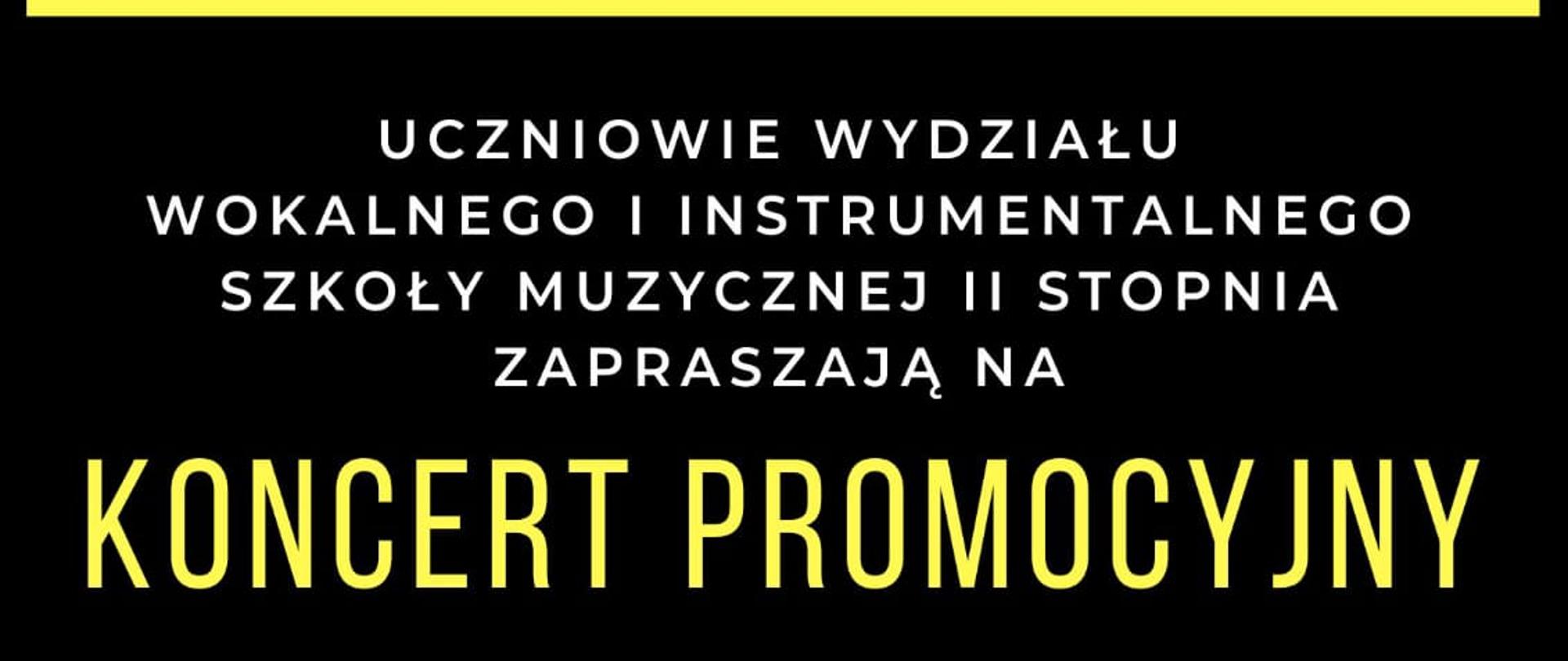 Plakat na czarnym tle ze zdjęciem uczniów trzymające skrzypce, z tekstem "Państwowa Szkoła Muzyczna I-II stopnia w Bystrzyce Kłodzkiej, Uczniowie wydziału wokalnego i instrumentalnego szkoły muzycznej II stopnia zapraszają na Koncert promocyjny Aula PSM I st. w Kłodzku godz. 18:00, 9 luty 2023 czwartek, klasy V-VI, III-IV/4 w Kłodzku obecność obowiązkowa, wstęp bezpłatny."