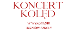 Plakat informujący o szkolnym koncercie kolęd 22 grudnia 2022,, na białym tle grafika niebieskich gwiazdek i czerwonych choinek z nutek oraz osoby świętujące, informacje o miejscu koncertu w sali koncertowej, godzina 17.00