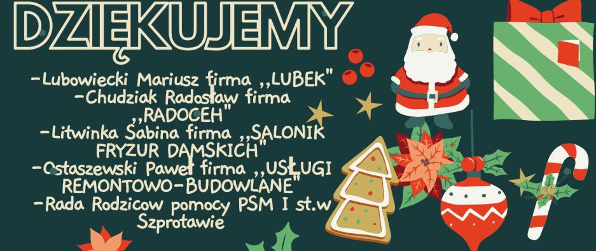 Dziękujemy, -Lubowiecki Mariusz firma ,,LUBEK"
-Chudziak Radosław firma ,,RADOCEH"
-Litwinka Sabina firma ,,SALONIK FRYZUR DAMSKICH"
-Ostaszewski Paweł firma ,,USŁUGI REMONTOWO-BUDOWLANE"
-Rada Rodziców pomocy PSM I st.w Szprotawie
