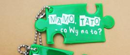 Na szarym tle leżą dwie zawieszki odblaskowe w kształcie puzzla z napisem „Mamo, Tato- co Wy na to?”