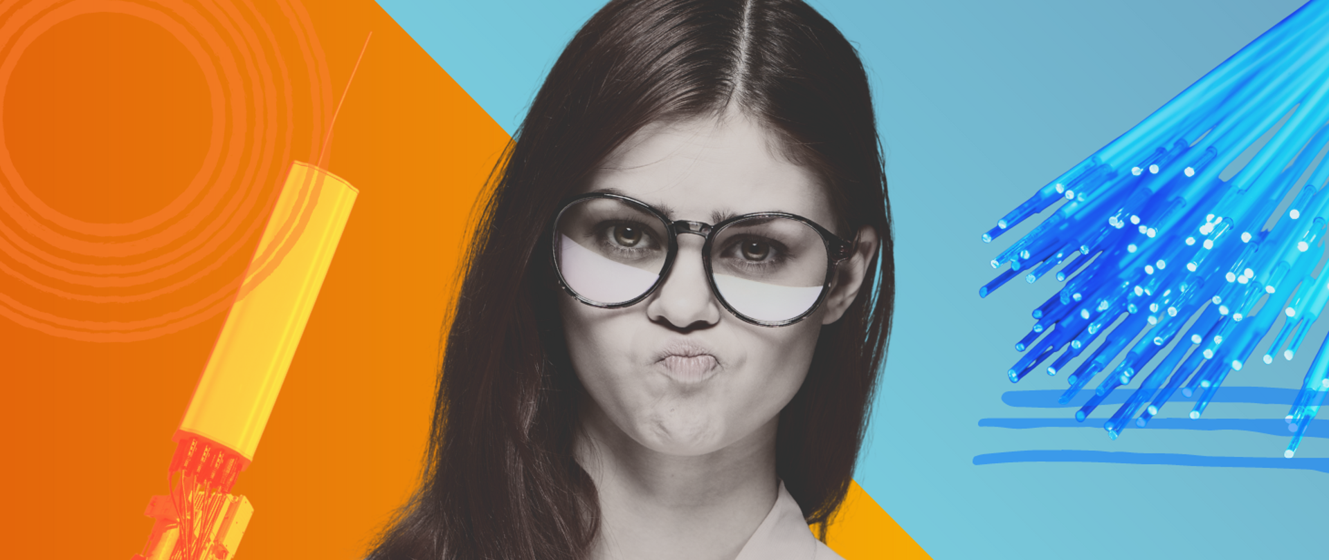 Na ilustracji na pierwszym planie zdjęcie kobiety z wyrazem zastanowienia na twarzy. Po jej prawej stronie wiązka światłowodowa na niebieskim tle. Po lewej antena komórkowa na pomarańczowym tle.