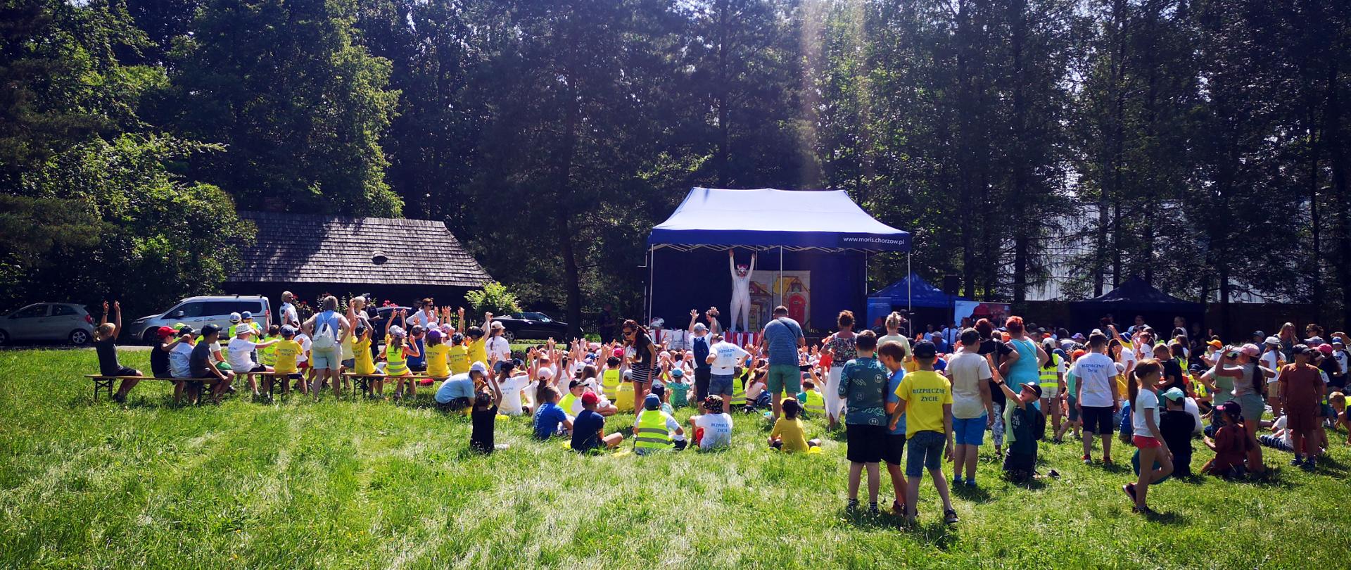 Na zdjęciu widoczna jest grupa dzieci na trawie, przed sceną podczas pikniku "Bezpieczne Życie" w parku etnograficznym w Chorzowie .