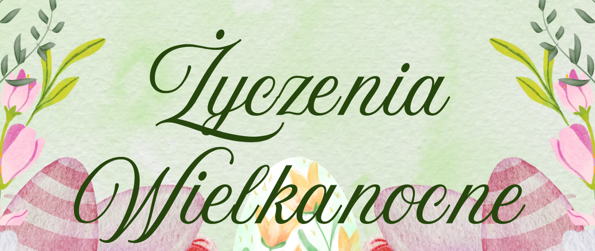 Plakat na szarym tle z motywem kolorowych pisanek oraz kwiatów. Pośrodku znajduje się napis Życzenia Wielkanocne.