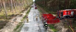Strażacy pracują na drodze przy lesie, gasząc pozorowany pożar podczas ćwiczeń