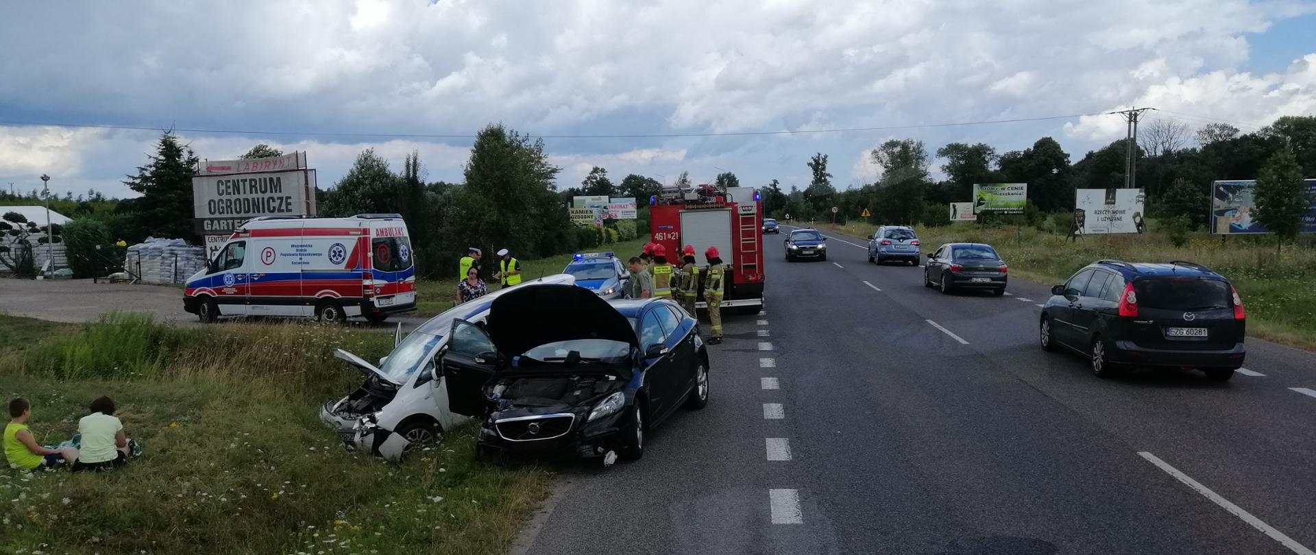 Zdjęcie przedstawia rozbite auta na drodze.W tle widać inne pojazdy, karetkę oraz wóz straży pożarnej.