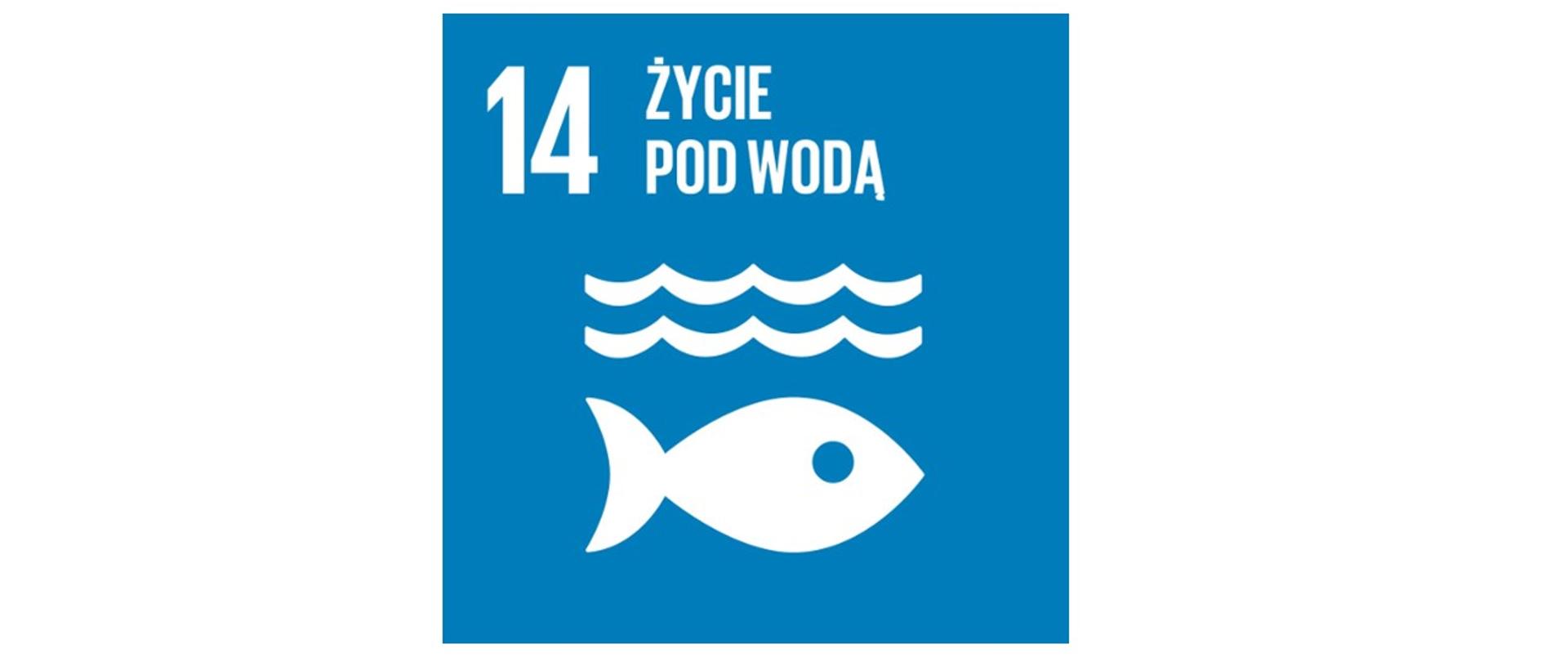 Na niebieskim tle widnieje biała ryba pod dwiema falami wody, co odpowiada celowi 14 „Życie pod wodą”