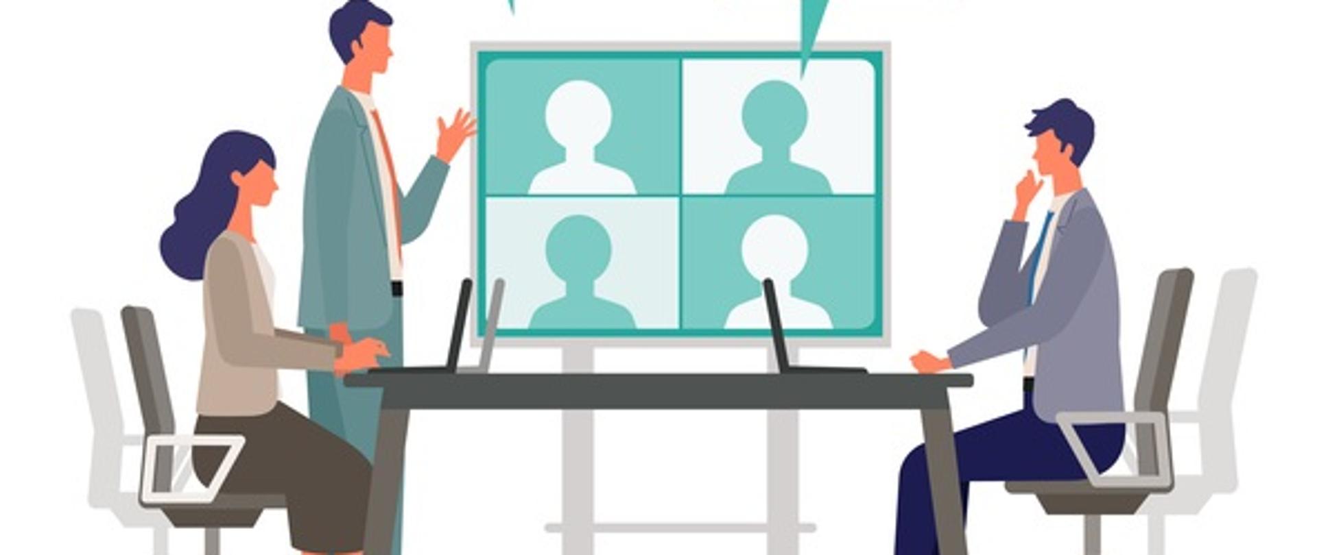 Ilustracja trzech osób siedzących przy stole, którzy prowadzą rozmowę za pośrednictwem systemu systemu internetowego – widoczne osoby na ekranie komputera. 
