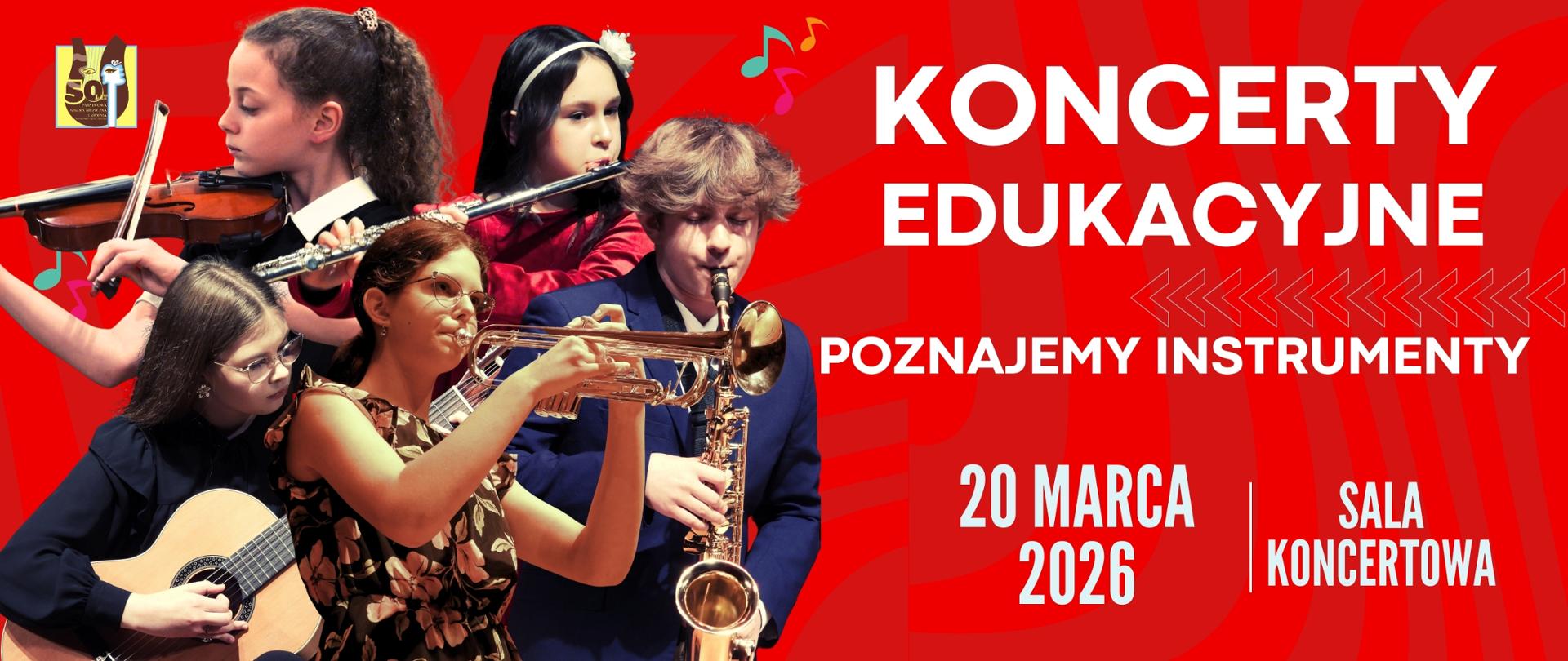 muzycy na czerwonym tle z instrumentami z napisami w kolorze białym, z logo szkoły w kolorze brązowo-żółtym