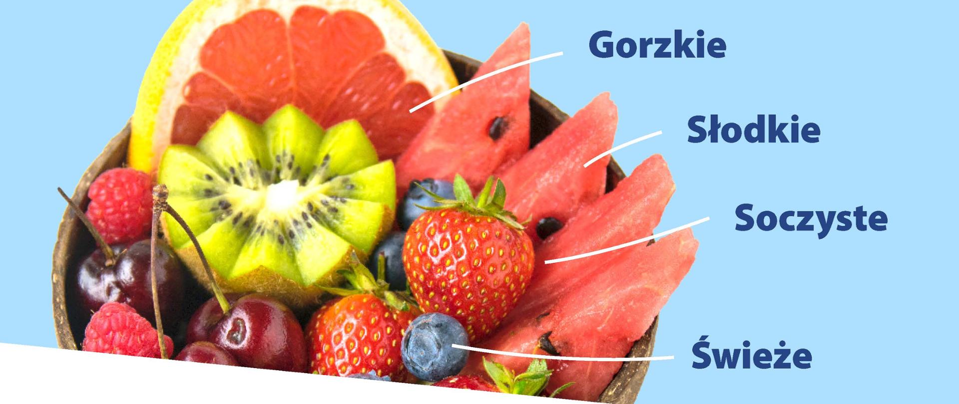 Zdjęcie ma niebiesko białe tło. Na zdjęciu znajduje się miska z owocami: grejpfrutem, arbuzem, kiwi, truskawką, borówką, maliną, wiśnią. Do owoców przypisane są stwierdzenia: gorzkie (grejpfrut), słodkie (arbuz), soczyste (truskawka), świeże (borówka).