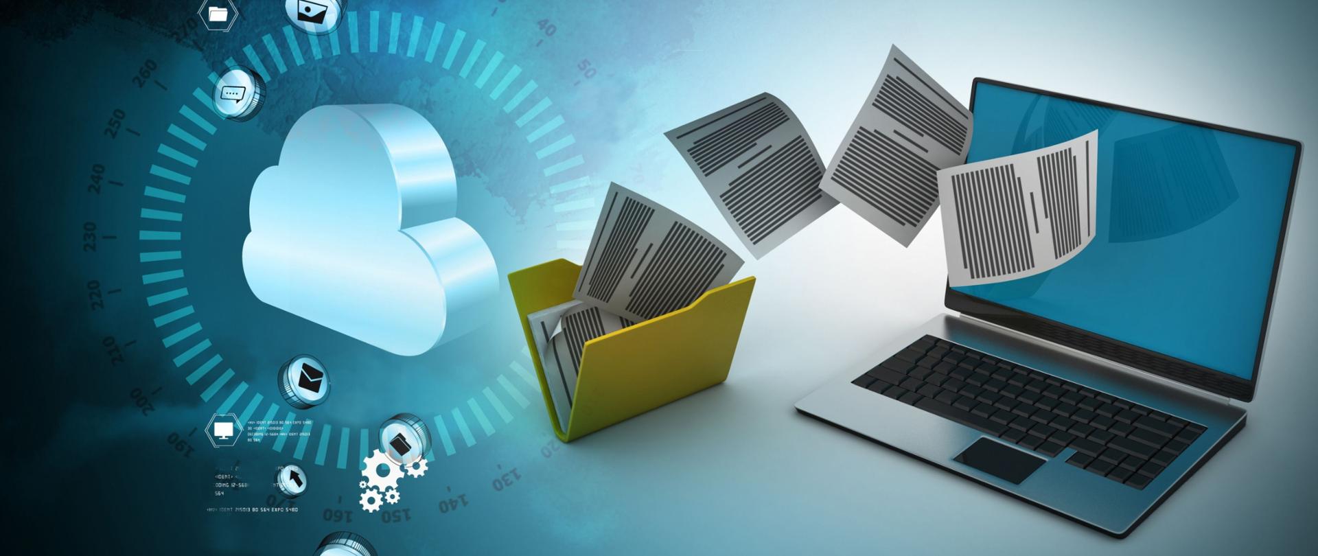 Grafika na niebiesko-szarym tle. Z prawej strony laptop, z którego do żółtego, zewnętrznego folderu wypadają pliki. Obok folderu - chmura.