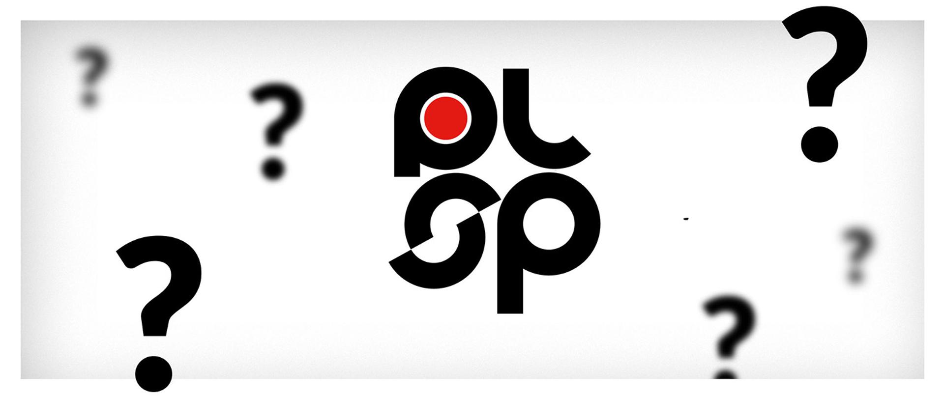 Logo plsp otoczone znakami zapytania różnej wielkości