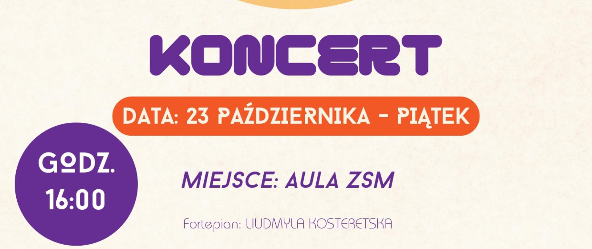 Kremowe tło, grafika skrzypiec, tekst dotyczący koncertu klasy skrzypiec p. Kingi Kabzińskiej - Nowak, 23.10.2026 o godz. 16.00