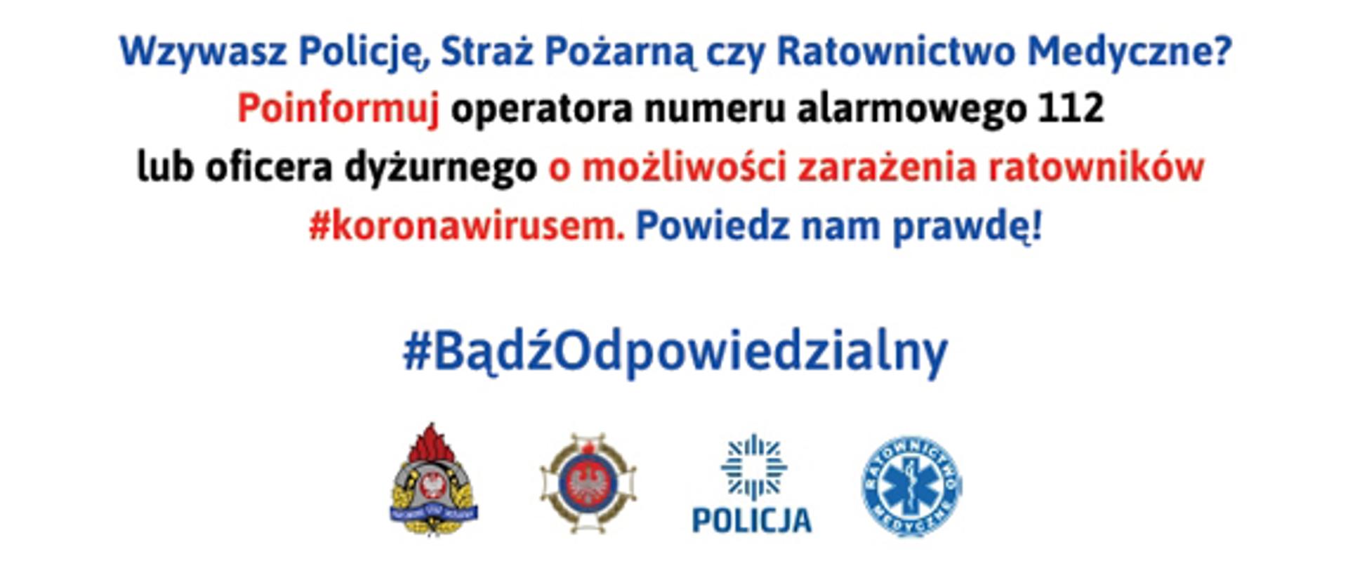 Plakat informacyjny pn. nie kłam ratownikom obrazujący figurki lego policjanta strażaka oraz sanitariusza z informacją o koronawirusie