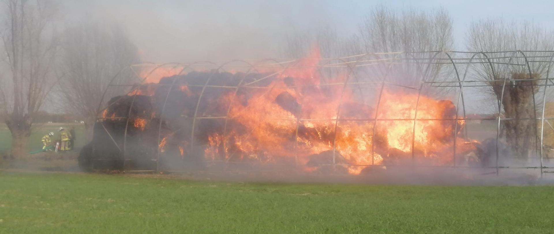 Na zdjęciu widać pożar balotów słomy składowanej pod namiotem brezentowym