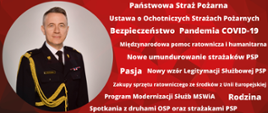 Po prawej stronie zdjęcie komendanta głównego PSP. Po lewej stronie białe napisy na czerwonym tle.