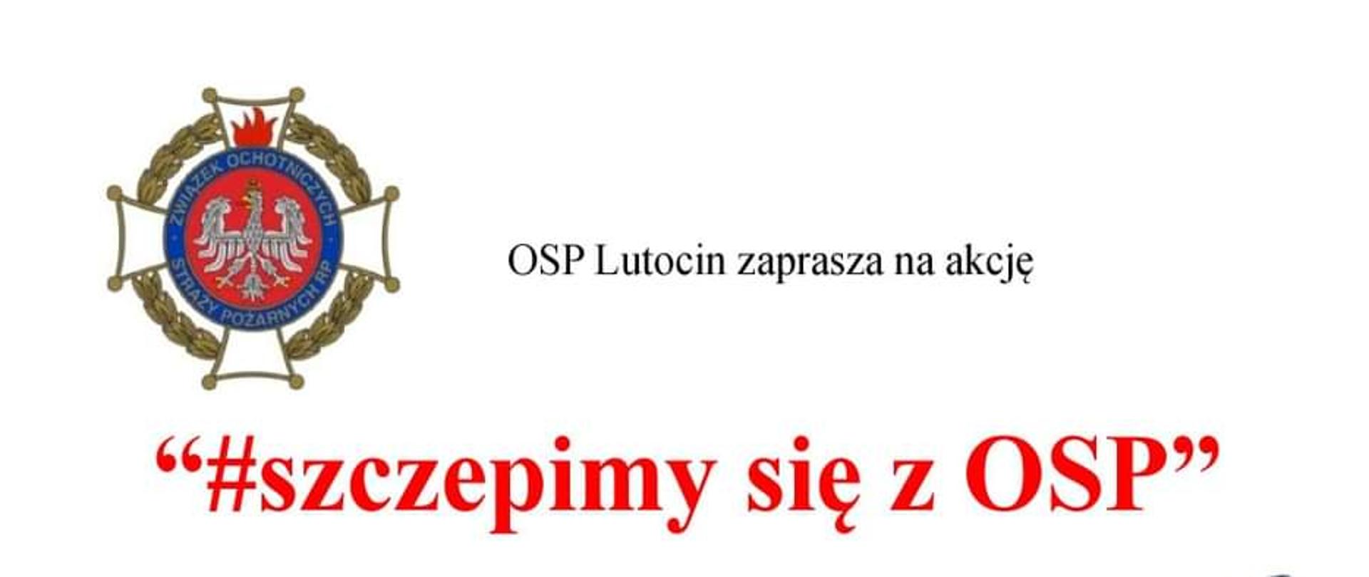 Plakat informacyjny w ramach programu Szczepimy się z OSP. Czarny druk na białym tle oraz grafiki samochodów ratowniczo- gaśniczych. 